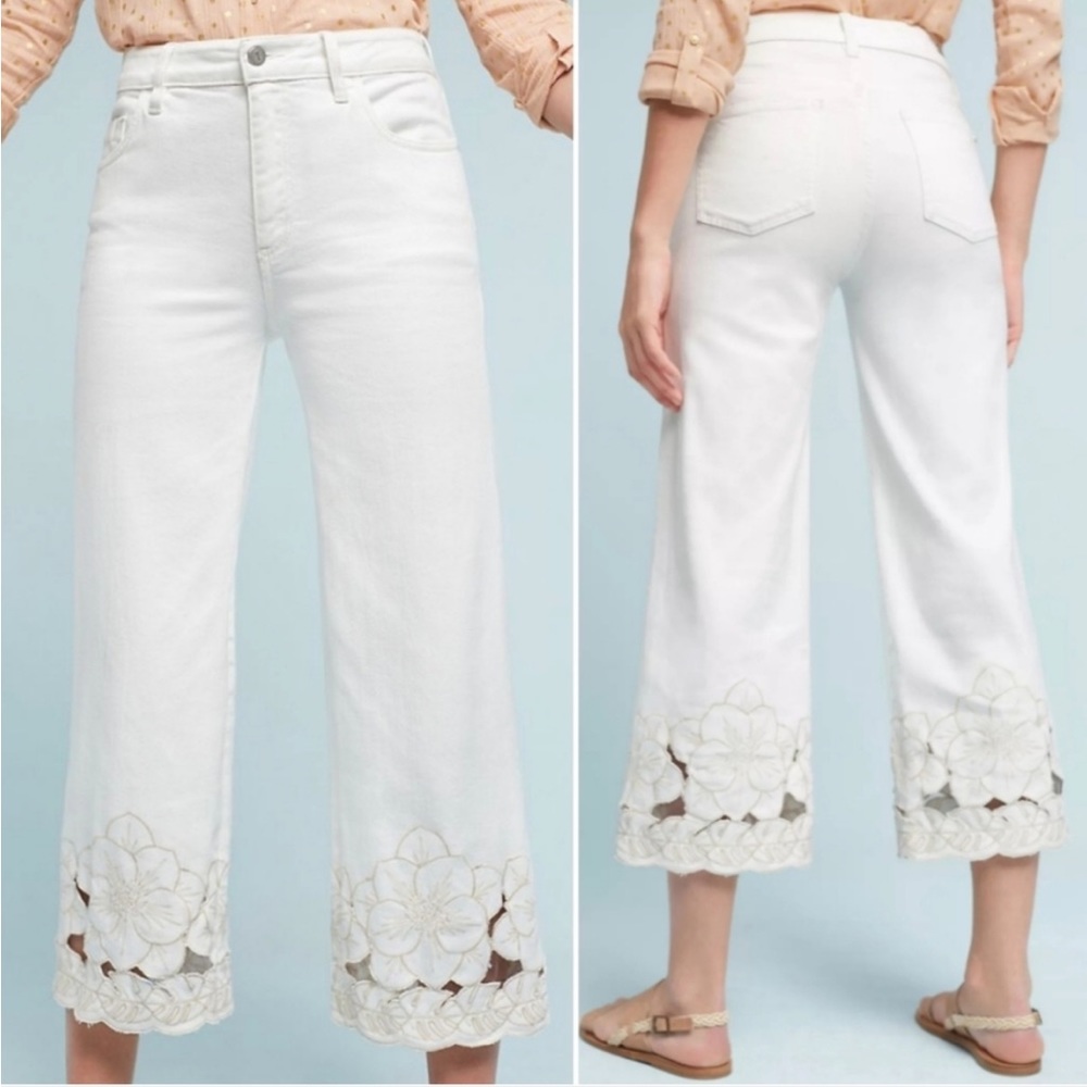 Anthropologie White Cropped Floral Eyelet Hem Wide-Leg Pants